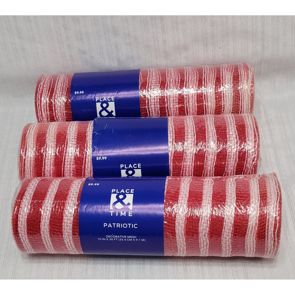 Wreath Mesh Red White Stripe 10inx30ft 3 Rolls Place & Time Patriotic Decorative
